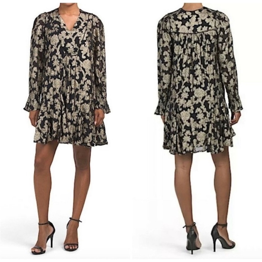 Anthropologie Black & Metallic Foiled Gold Floral Mini Dress Size Small Party